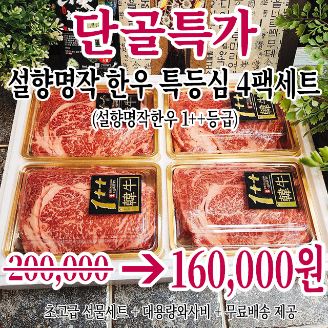 설향한우 1++등급(No.9~7최고등급) 눈꽃등심 250g X 4팩세트