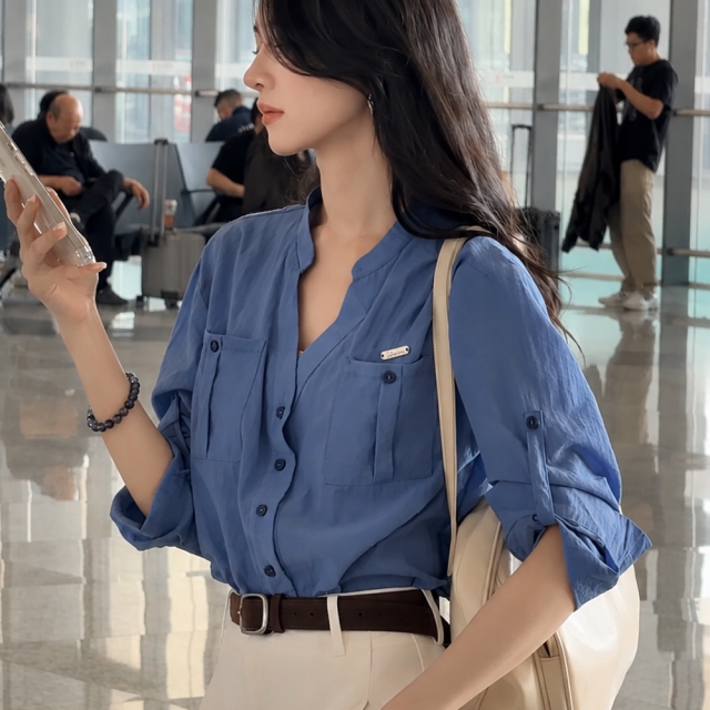 오픈 브이넥 블라우스