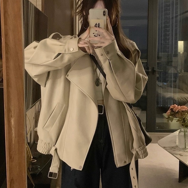 루즈한 하프 레더 자켓